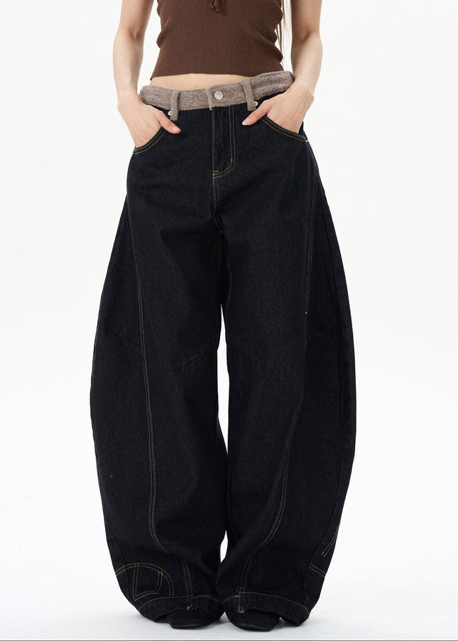 Blue American Retro Plush Stitching Couple Pants - Women’s Jeans