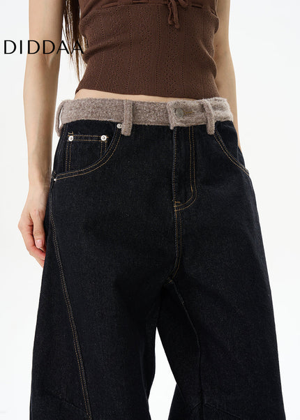 Blue American Retro Plush Stitching Couple Pants - Women’s Jeans