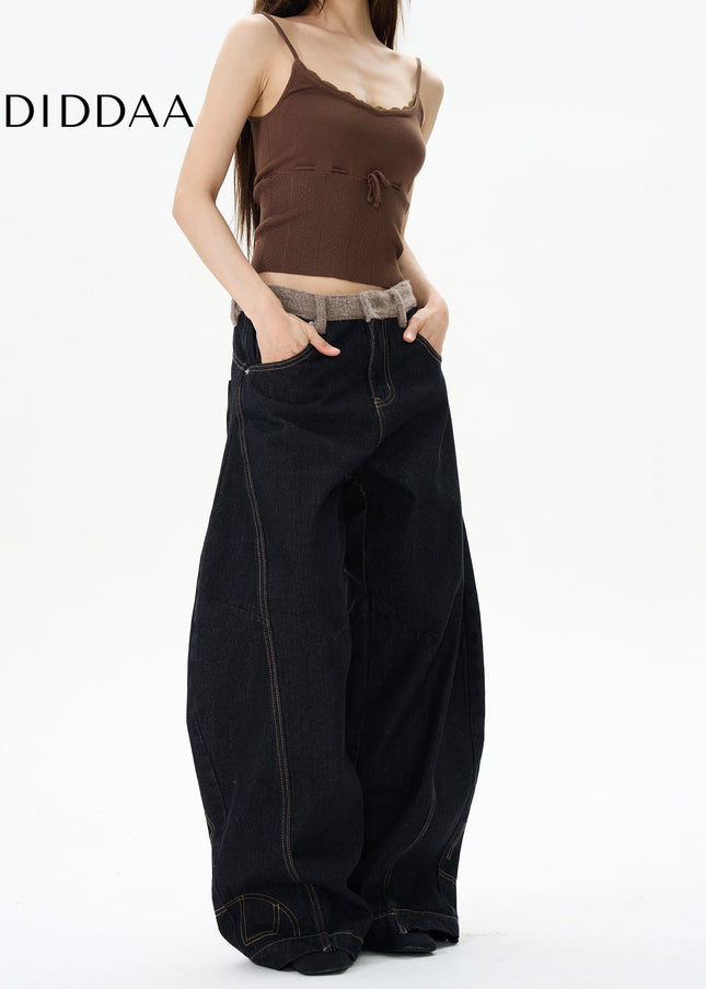 Blue American Retro Plush Stitching Couple Pants - Women’s Jeans