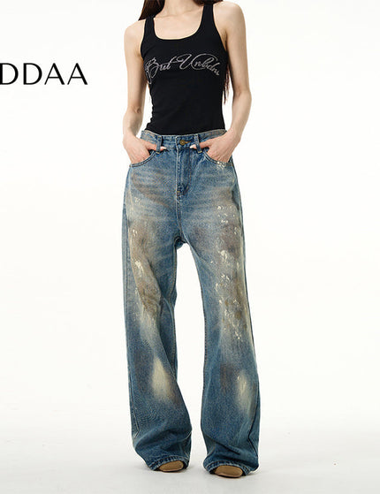 Blue American Retro Spray Paint Wasteland Jeans - S / Mid Blue - Women’s Jeans