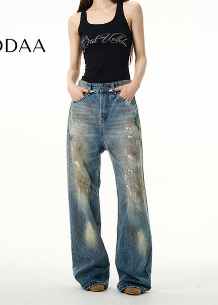 Blue American Retro Spray Paint Wasteland Jeans - S / Mid Blue - Women’s Jeans