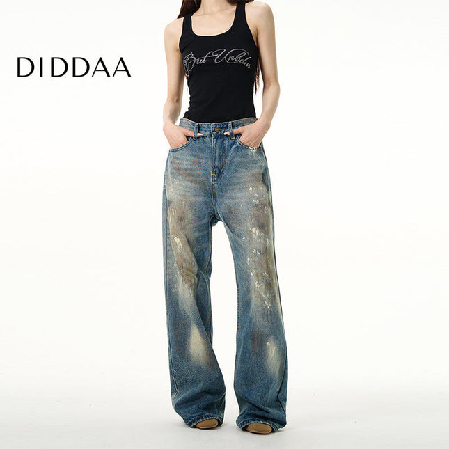 Blue American Retro Spray Paint Wasteland Jeans - S / Mid Blue - Women’s Jeans