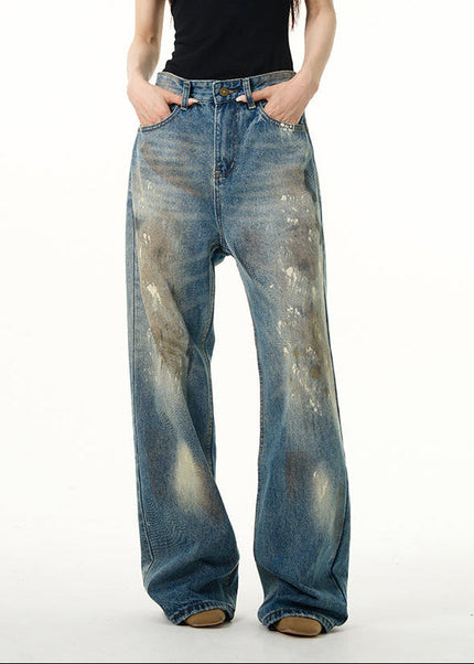 Blue American Retro Spray Paint Wasteland Jeans - Women’s Jeans