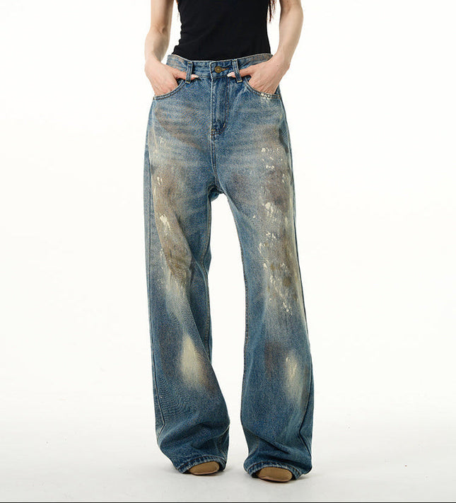 Blue American Retro Spray Paint Wasteland Jeans - Women’s Jeans