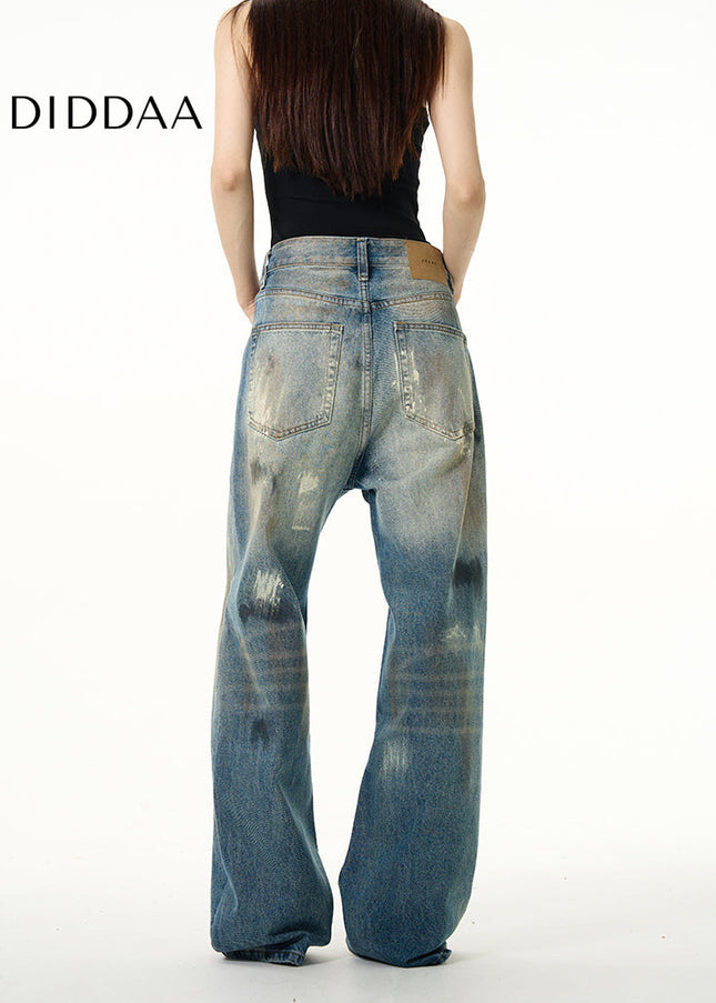 Blue American Retro Spray Paint Wasteland Jeans - Women’s Jeans