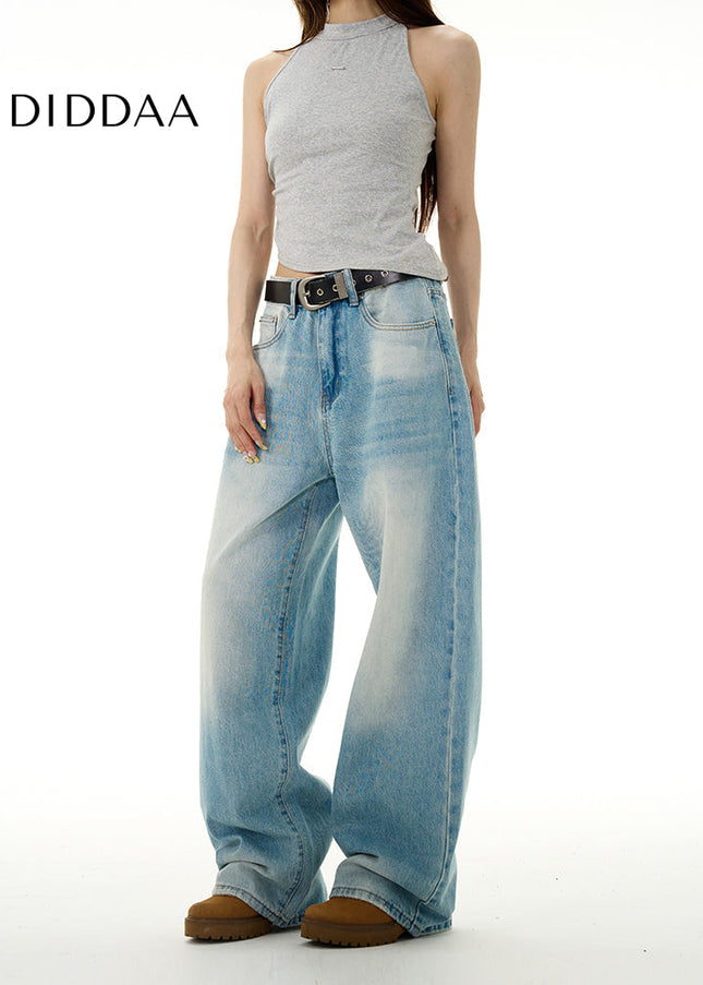 Blue American Retro Whiskering Wide-Leg Jeans - Women’s Jeans