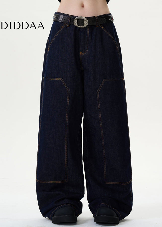Blue Baggy Wide Leg Jeans with Topstitch Design - Men’s Jeans