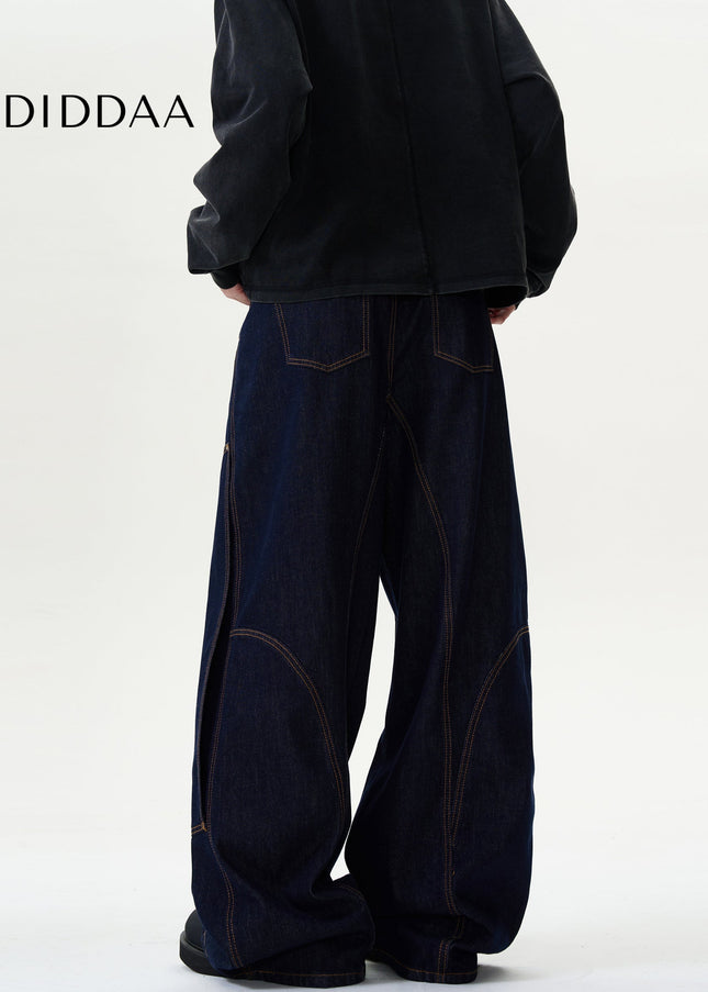 Blue Baggy Wide Leg Jeans with Topstitch Design - Men’s Jeans