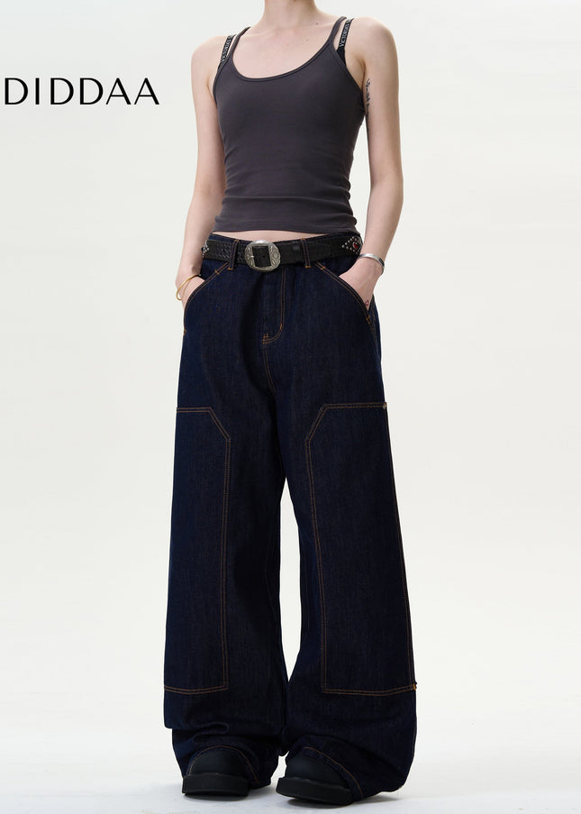 Blue Baggy Wide Leg Jeans with Topstitch Design - Men’s Jeans