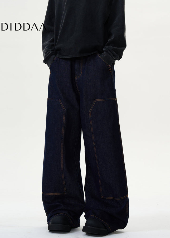 Blue Baggy Wide Leg Jeans with Topstitch Design - Men’s Jeans