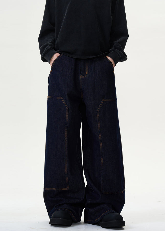 Blue Baggy Wide Leg Jeans with Topstitch Design - Men’s Jeans