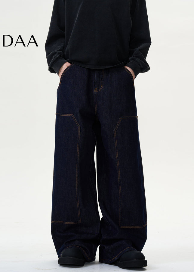 Blue Baggy Wide Leg Jeans with Topstitch Design - S / Black - Men’s Jeans