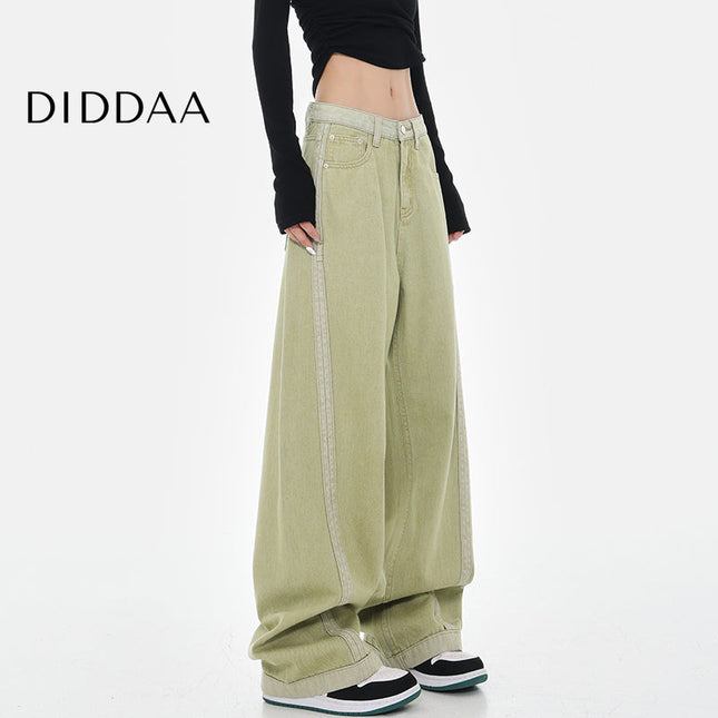 Blue Contrasting Stitched Extended Straight-Leg Jeans - S / Green - Women’s Jeans