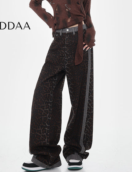 Blue Contrasting Stitched Extended Straight-Leg Jeans - S / Leopard - Women’s Jeans