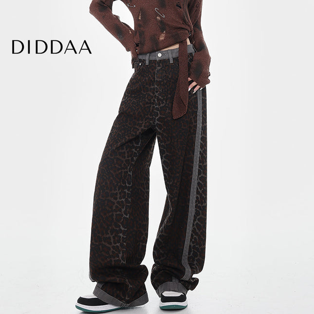 Blue Contrasting Stitched Extended Straight-Leg Jeans - S / Leopard - Women’s Jeans