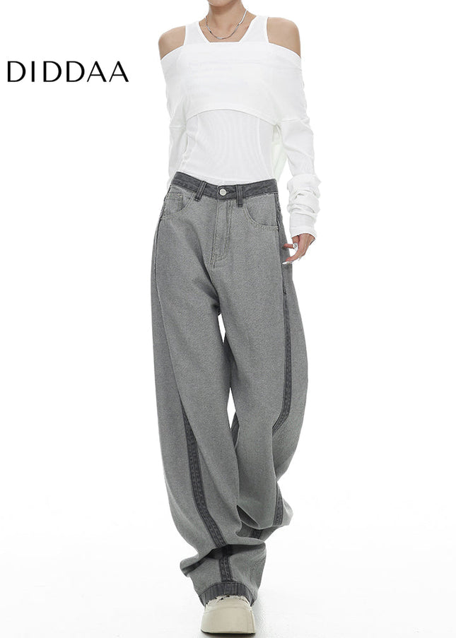 Blue Contrasting Stitched Extended Straight-Leg Jeans - Women’s Jeans