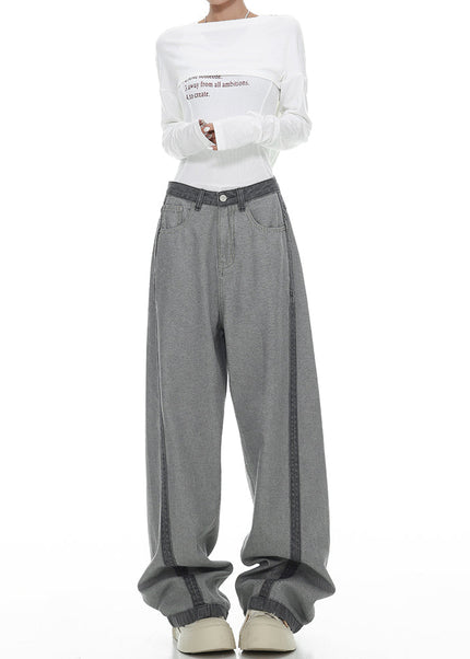 Blue Contrasting Stitched Extended Straight-Leg Jeans - Women’s Jeans