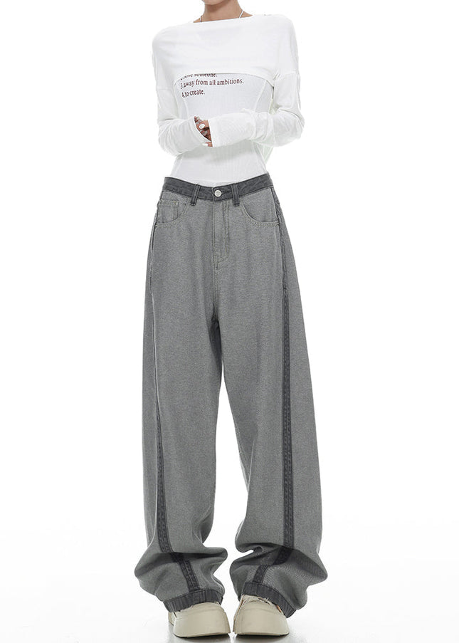 Blue Contrasting Stitched Extended Straight-Leg Jeans - Women’s Jeans