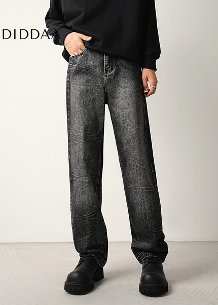 Blue Crushed Wash Stretch Straight Jeans Men’s Trend Pants - Men’s Jeans