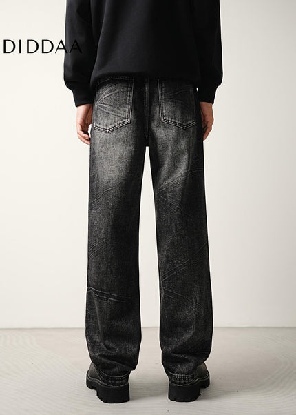 Blue Crushed Wash Stretch Straight Jeans Men’s Trend Pants - Men’s Jeans