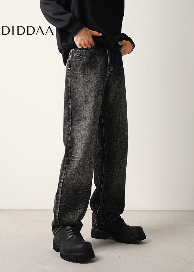 Blue Crushed Wash Stretch Straight Jeans Men’s Trend Pants - Men’s Jeans