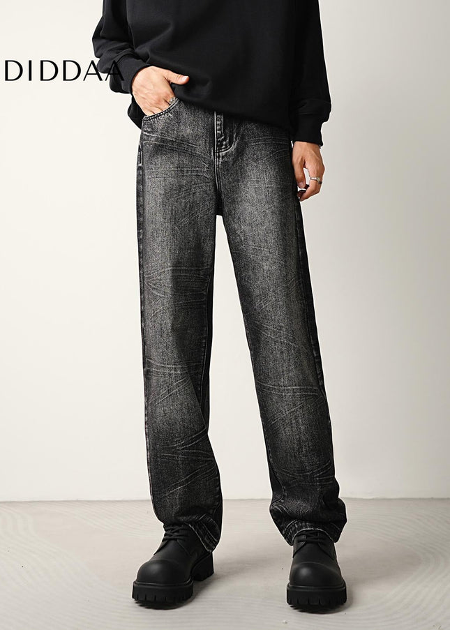 Blue Crushed Wash Stretch Straight Jeans Men’s Trend Pants - Men’s Jeans