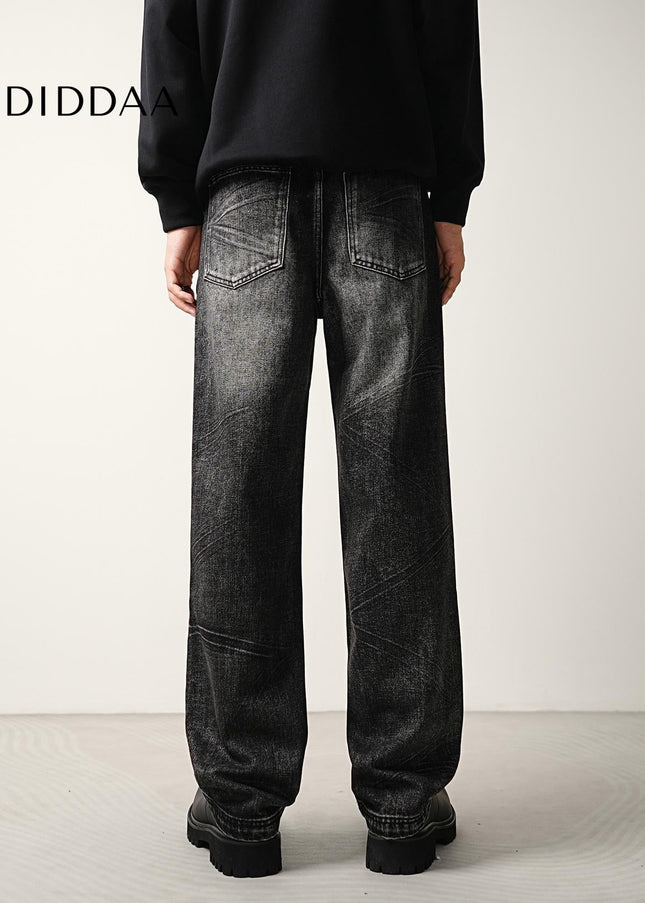 Blue Crushed Wash Stretch Straight Jeans Men’s Trend Pants - Men’s Jeans