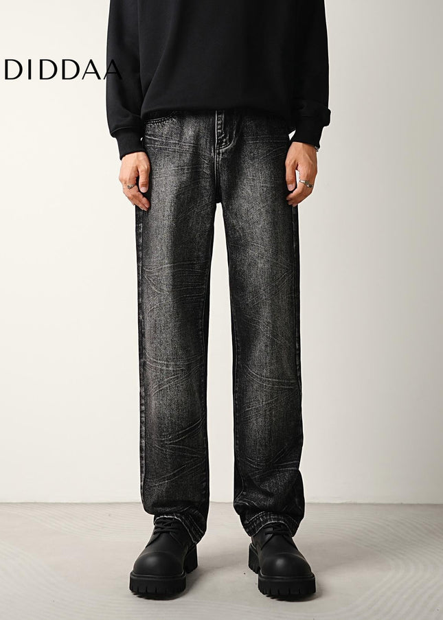 Blue Crushed Wash Stretch Straight Jeans Men’s Trend Pants - Men’s Jeans