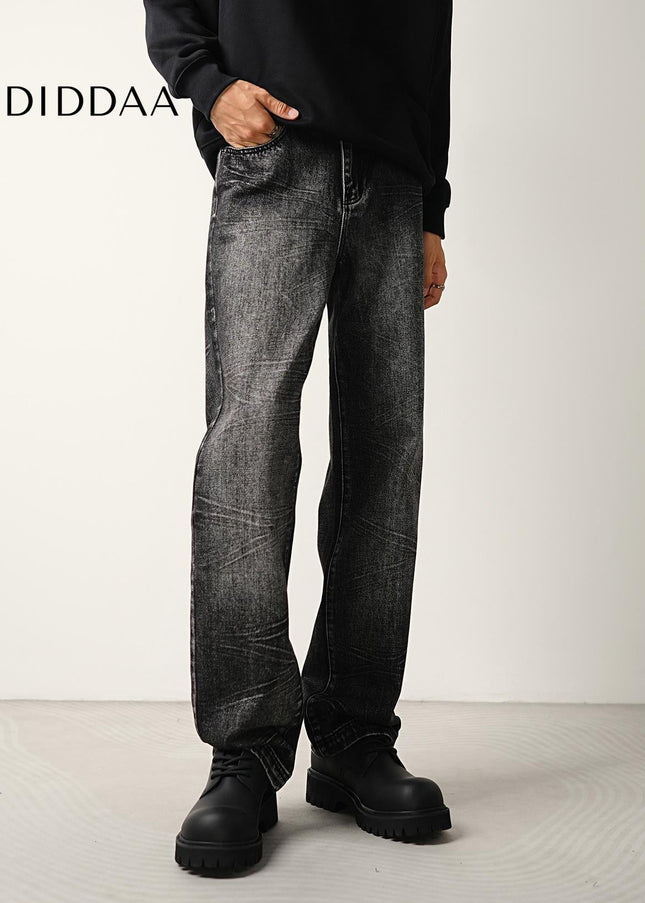 Blue Crushed Wash Stretch Straight Jeans Men’s Trend Pants - Men’s Jeans