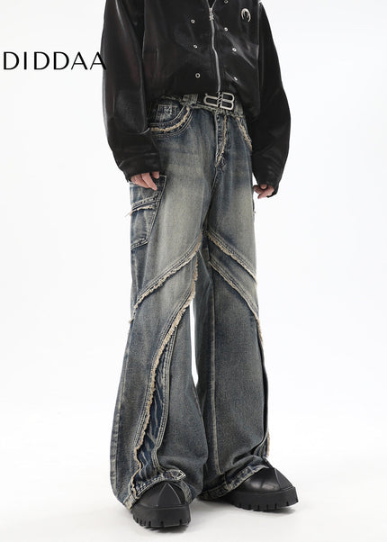 Blue Deconstructed Bootcut Jeans with Raw Edge Stitching - Men’s Jeans