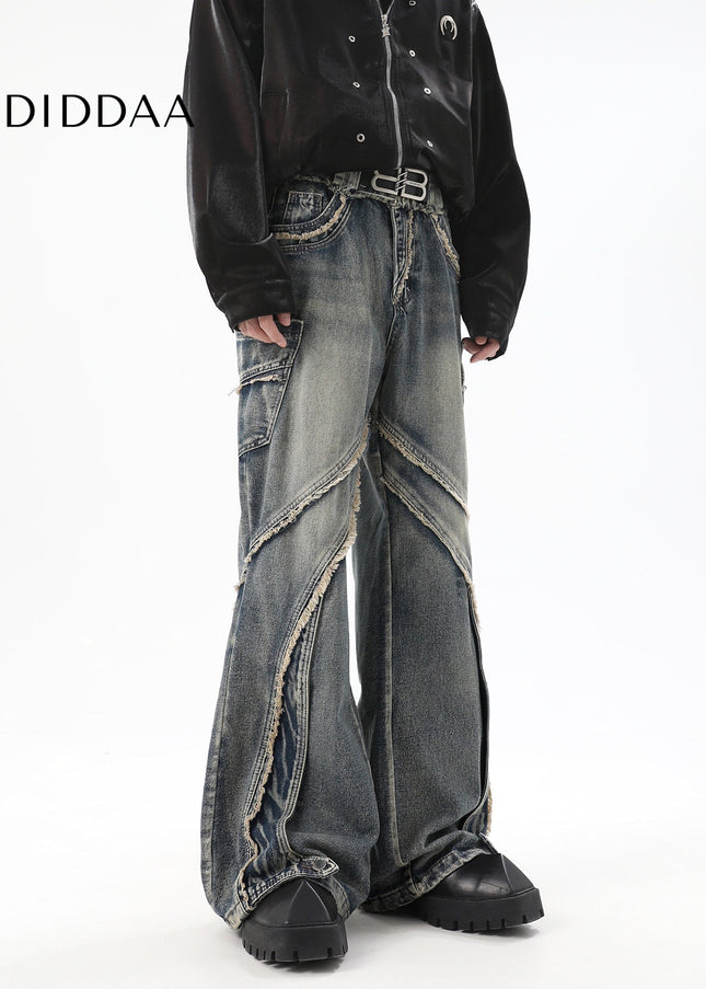 Blue Deconstructed Bootcut Jeans with Raw Edge Stitching - Men’s Jeans