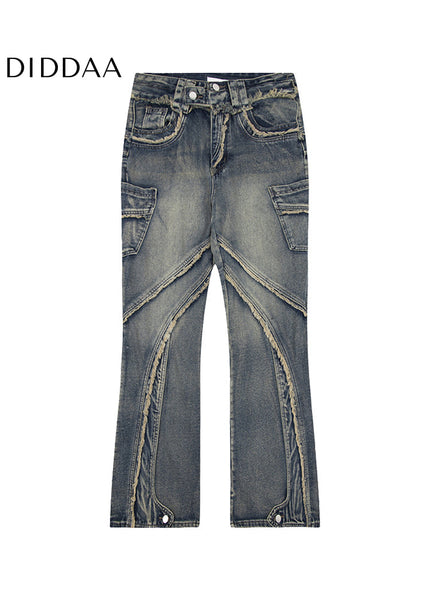 Blue Deconstructed Bootcut Jeans with Raw Edge Stitching - Men’s Jeans