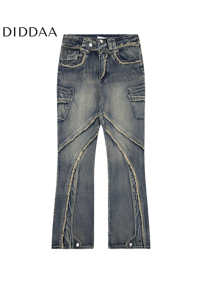 Blue Deconstructed Bootcut Jeans with Raw Edge Stitching - Men’s Jeans