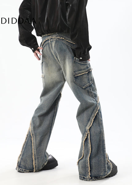 Blue Deconstructed Bootcut Jeans with Raw Edge Stitching - Men’s Jeans