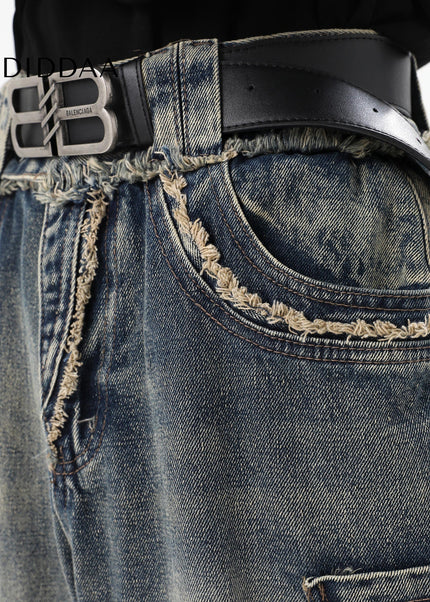 Blue Deconstructed Bootcut Jeans with Raw Edge Stitching - Men’s Jeans