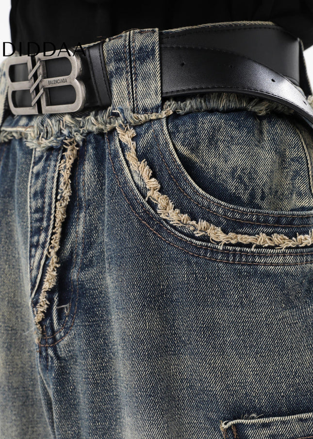 Blue Deconstructed Bootcut Jeans with Raw Edge Stitching - Men’s Jeans