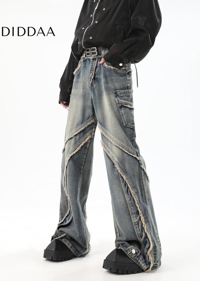 Blue Deconstructed Bootcut Jeans with Raw Edge Stitching - Men’s Jeans