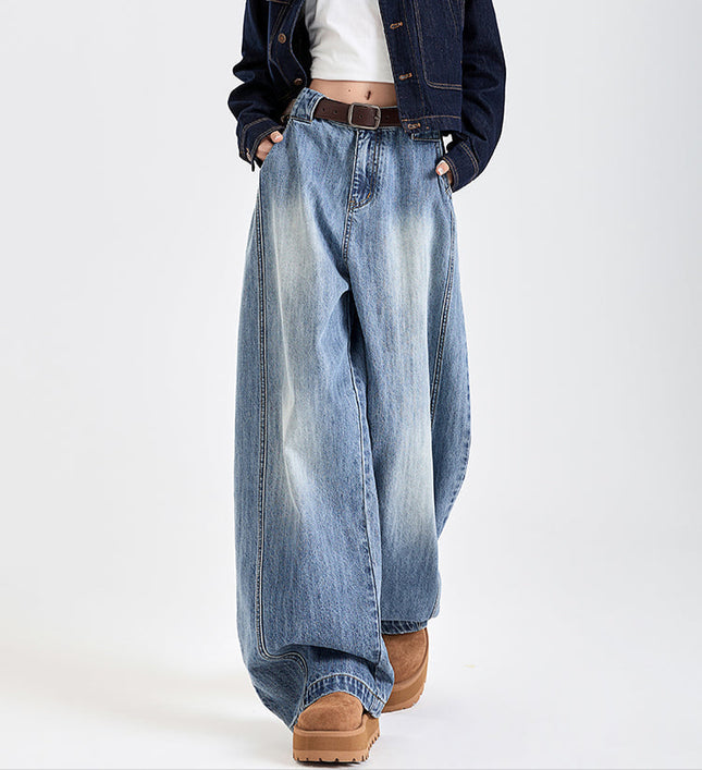 Blue Deconstructed Design Retro Loose Wide Leg Pants - Women’s Jeans