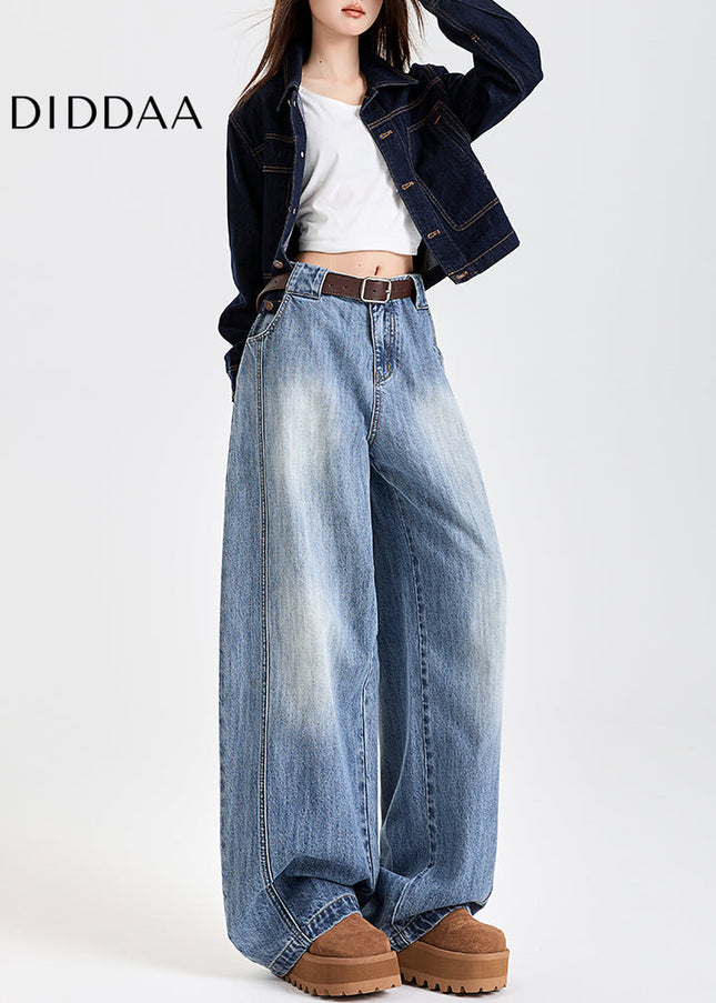 Blue Deconstructed Design Retro Loose Wide Leg Pants - Women’s Jeans