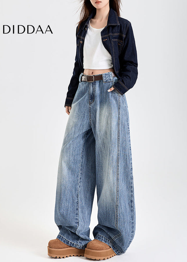 Blue Deconstructed Design Retro Loose Wide Leg Pants - Women’s Jeans