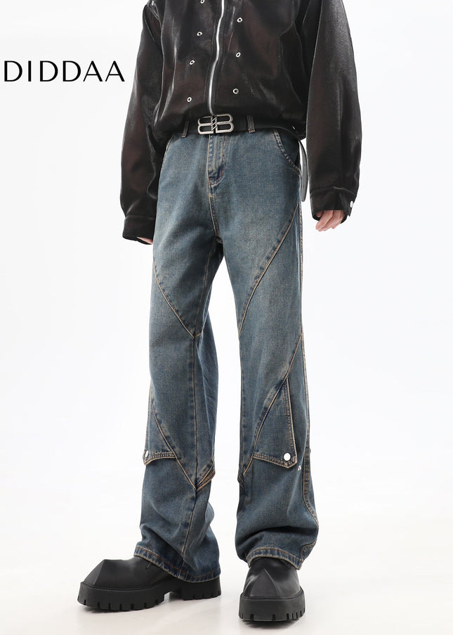 Blue Deconstructed Design Straight-Leg Jeans - Men’s Jeans