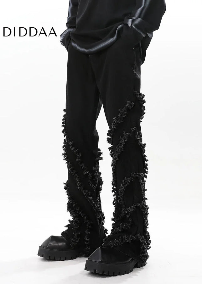 Blue Deconstructed Raw Denim Straight Bootcut Jeans - Men’s Jeans