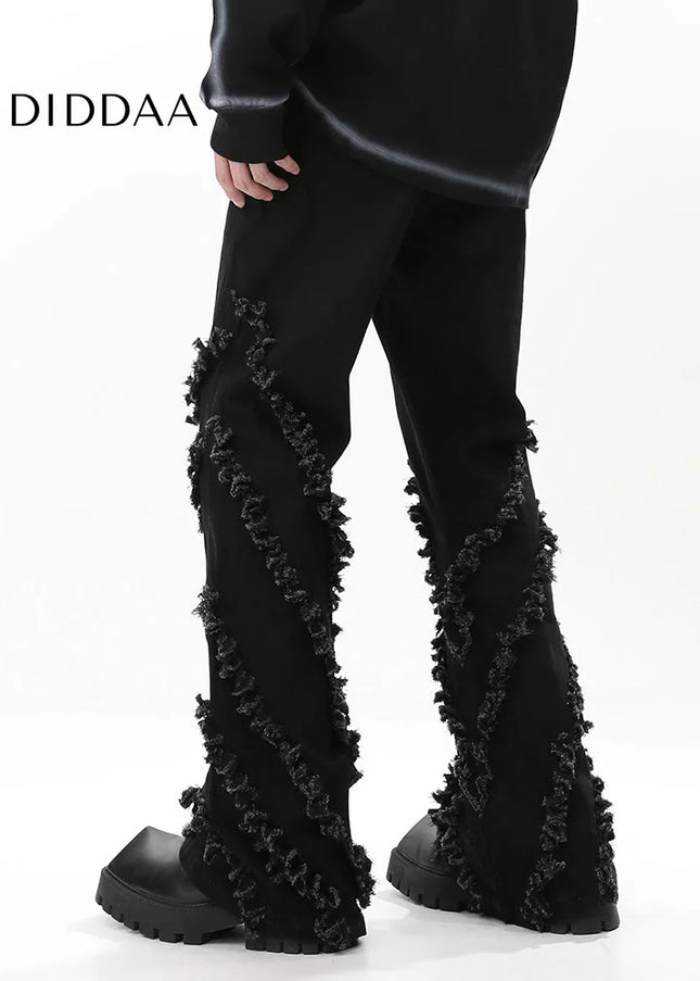 Blue Deconstructed Raw Denim Straight Bootcut Jeans - Men’s Jeans