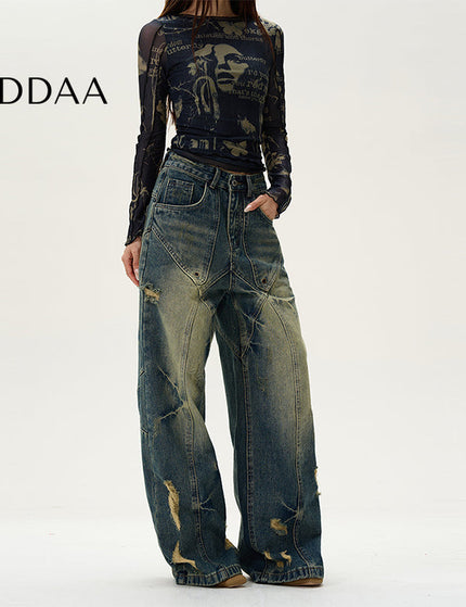 Blue Deconstructed Ripped Wide-Legged Jeans - S / Dark Blue - Women’s Jeans