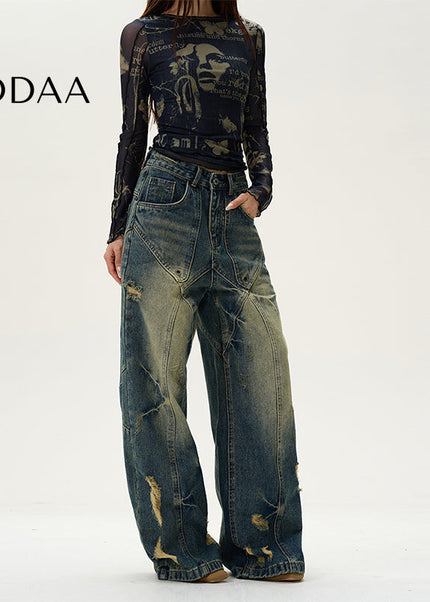 Blue Deconstructed Ripped Wide-Legged Jeans - S / Dark Blue - Women’s Jeans