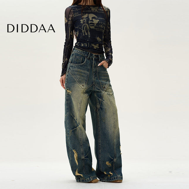 Blue Deconstructed Ripped Wide-Legged Jeans - S / Dark Blue - Women’s Jeans