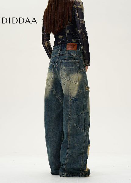 Blue Deconstructed Ripped Wide-Legged Jeans - Women’s Jeans