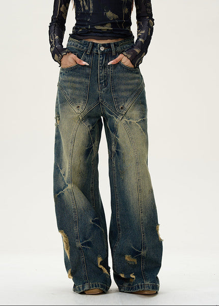 Blue Deconstructed Ripped Wide-Legged Jeans - Women’s Jeans