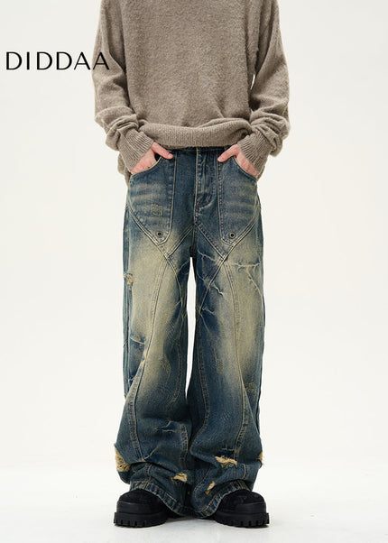 Blue Deconstructed Ripped Wide-Legged Jeans - Women’s Jeans