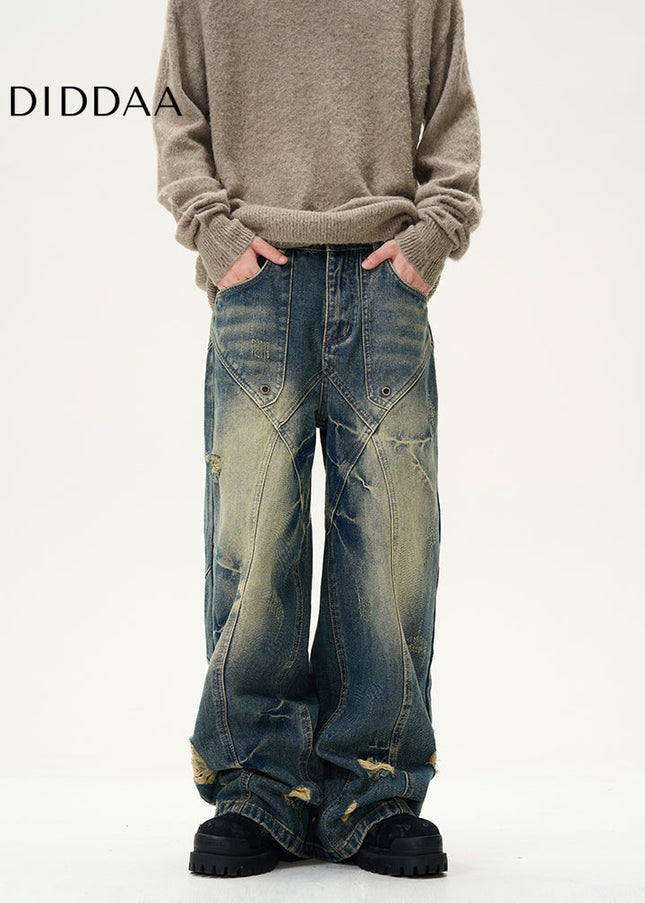 Blue Deconstructed Ripped Wide-Legged Jeans - Women’s Jeans